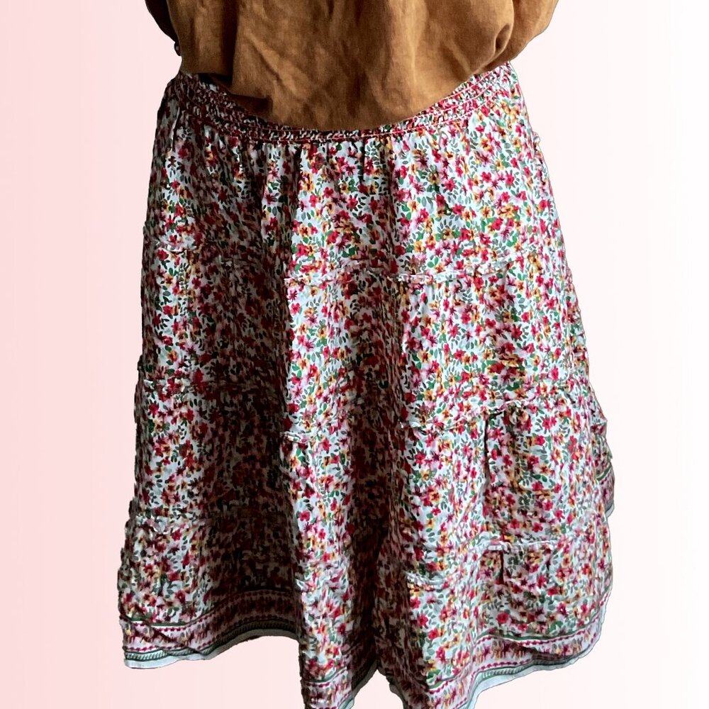 Max Studio rayon ditsy floral tiered mini skirt with smocked waist